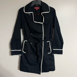 Women’s Merona Double Breasted Belted Trench Coat Size Small Black White Trim